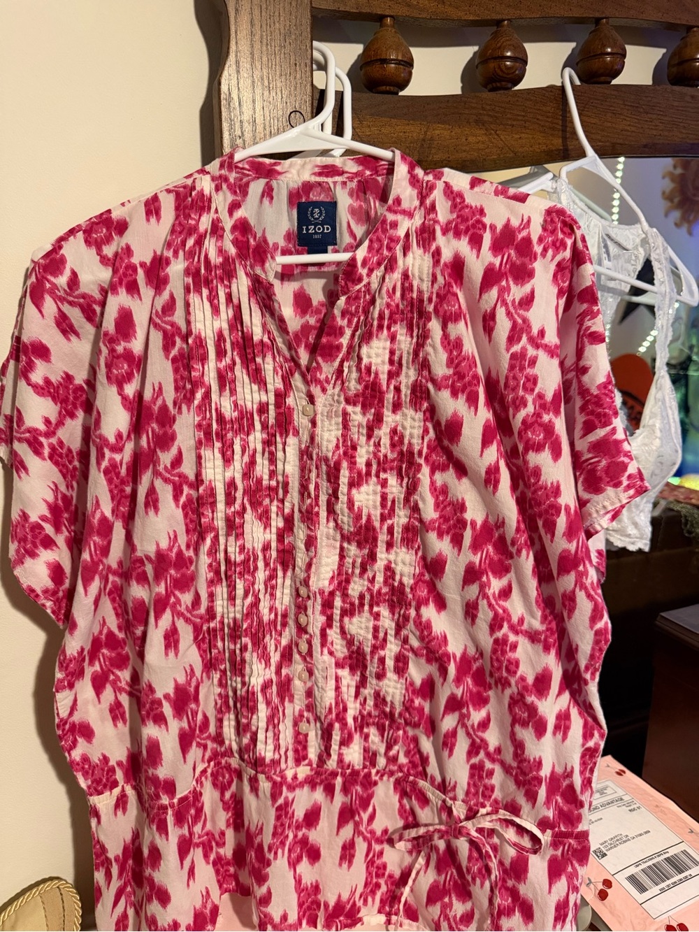 Izod White Tunic with Pink Floral Pintuck Detail